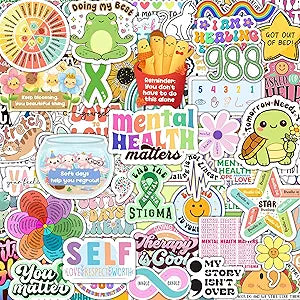 300 PCS Mental Health Matters Stickers Pack by Puraesla - for Journals, Laptops, Water Bottles, Therapist Office Decor, Office Must Haves, Positive Quote Decals for Mental Health Awareness