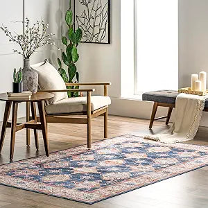 nuLOOM SpinClean Finley Navy/Rust, 3' x 5', Persian, Soft and Cozy, High Traffic, Stain Resistant, Easy Clean, Durable, Machine Washable Area Rug for Bedroom, Living Room, Dining, Den, Foyer