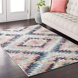 Livabliss Area Rugs - 2x3 Tara Rustic Southwestern Pink Rug for Living Room Bedroom - Blue Beige Boho Geometric Zigzag Stain Resistant Carpet for Nursery, Kitchen, Office (2' x 3')