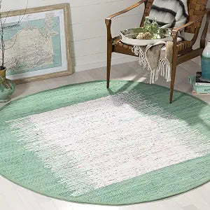 SAFAVIEH Montauk Collection Area Rug - 4' Round, Ivory & Sea Green, Handmade Stripe Fringe Cotton, Ideal for High Traffic Areas in Living Room, Bedroom (MTK711D)
