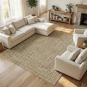 Washable Rug 5x7 Living Room Rug Modern Braided Print Soft Rugs Non Slip Low Pile Non-Shedding Carpet Rustic Stain Resistant Foldable Mat for Bedroom Dining Room Farmhouse Office Natural