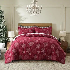 WDCOZY Christmas Quilt Twin Size Bedding Set with 1 Pillow Shams, Lightweight Bedspread Holiday Red Soft Coverlet Snowflake Pattern Comforter for All Seasons Bed Cover Home Decor