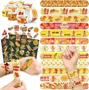 96 PCS Hot Dog Party Favors Set ��� 72 Pre-Cut Temporary Tattoos & 24 Slap Bracelets for Kids, Perfect for Food-Themed Birthday Parties, BBQ Celebrations & Classroom R