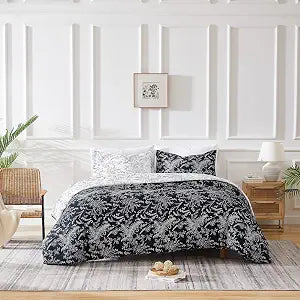 3 Piece Reversible Floral Duvet Cover King Size/Cal King Winter Brush Black