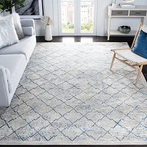 SAFAVIEH Brentwood Collection Area Rug - 3' Square, Light Grey & Blue, Trellis Distressed Design, Non-Shedding & Easy Care, Ideal for High Traffic Areas in Living Room, Bedroom (BNT809G)