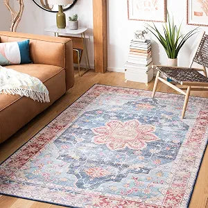 SAFAVIEH Washable Rug Tucson Collection - 3' x 5', Blue & Rust, Slip Resistant & Easy to Clean, Ideal for Foyer, Entryway, Kitchen, Bedroom (TSN110M)