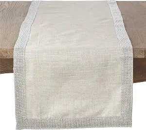 SARO LIFESTYLE Linen Blend Table Runner with Studded Border - Decorative Farmhouse Table Runner for Everyday Entertaining, Modern Rustic Home Dcor, and Elegant Table Styling, 16"x90", Silver