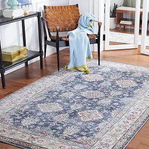 SAFAVIEH Washable Rug Tucson Collection - 4' x 6', Navy & Beige, Slip Resistant & Easy to Clean, Ideal for Foyer, Kitchen, Nursery, Office, Bedroom (TSN196N)
