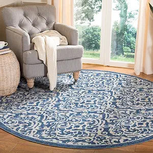 SAFAVIEH Brentwood Collection Area Rug - 3' Round, Navy & Creme, Damask Design, Non-Shedding & Easy Care, Ideal for High Traffic Areas in Living Room, Bedroom (BNT810N)
