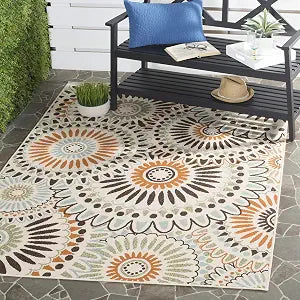 SAFAVIEH Washable Rug Outdoor Veranda Collection - 5'3" Square, Cream & Chocolate, Non-Shedding & Easy to Clean, Ideal for Patio, Backyard, Mudroom (VER091-0712)