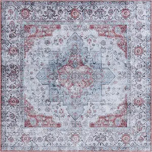 SAFAVIEH Washable Rug Tucson Collection - 4' Square, Light Blue & Rust, Slip Resistant & Easy to Clean, Ideal for Foyer, Kitchen, Nursery, Office, Bedroom (TSN105L)