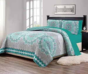 Mk Collection 7pc Bedspread Quilt Over Size Medallion Elegant Design with Sheet Set New # Oslo (King, Aqua)