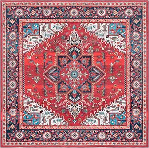 SAFAVIEH Washable Rug Tucson Collection - 4' Square, Red & Blue, Slip Resistant & Easy to Clean, Ideal for Foyer, Kitchen, Nursery, Office, Bedroom (TSN101Q)