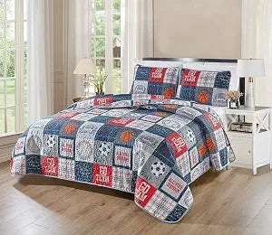 Linen Plus Bedspread Set Kids/Teens All Star Sport Basketball Soccer Baseball Football Plaid Patchwork Pattern Blue Red Grey Orange White # Go Team (Twin)