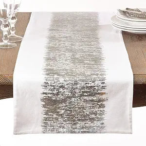 SARO LIFESTYLE Agatha Collection Metallic Banded Design Cotton Table Runner, 16" x 90", Silver