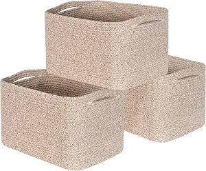 MINTWOOD Design 3-Pack Decorative Woven Storage Baskets for Shelves, Cube Bin Box for Organizing Books, Shoes, Dog Toys, Pantry Closet and Living Room Organizer, Oatmeal Brown