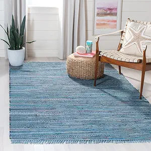 SAFAVIEH Rag Rug Collection Area Rug - 4' Square, Blue & Multi, Handmade Boho Stripe Cotton, Ideal for High Traffic Areas in Living Room, Bedroom (RAR127B)
