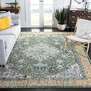 SAFAVIEH Madison Collection Area Rug - 3' Round, Green & Turquoise, Boho Medallion Distressed Design, Non-Shedding & Easy Care, Ideal for High Traffic Areas in Living Room, Bedroom (MAD474Y)