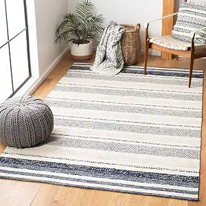 SAFAVIEH Striped Kilim Collection 3' x 5' Ivory / Navy STK502A Handmade Flatweave Cotton Area Rug