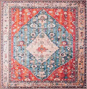 SAFAVIEH Washable Rug Tucson Collection - 4' Square, Beige & Blue, Slip Resistant & Easy to Clean, Ideal for Foyer, Kitchen, Nursery, Office, Bedroom (TSN104B)
