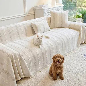 Couch Cover for Dogs Washable Sofa Cover, Sectional Couch Covers, Sofa Covers for 2 Cushion Couch, Non Slip Stripe Sofa Slipcovers Furniture Protector (Beige, 71x118)