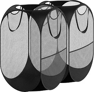 Simple Houseware Mesh Pop-Up Laundry Hamper with Side Pocket, 2 Pack, Black