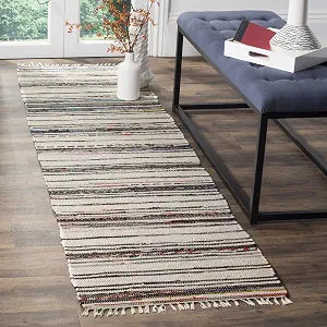 SAFAVIEH Rag Rug Collection Runner Rug - 2'3" x 12', Ivory & Charcoal, Handmade Boho Stripe Cotton, Ideal for High Traffic Areas in Living Room, Bedroom (RAR126Q)
