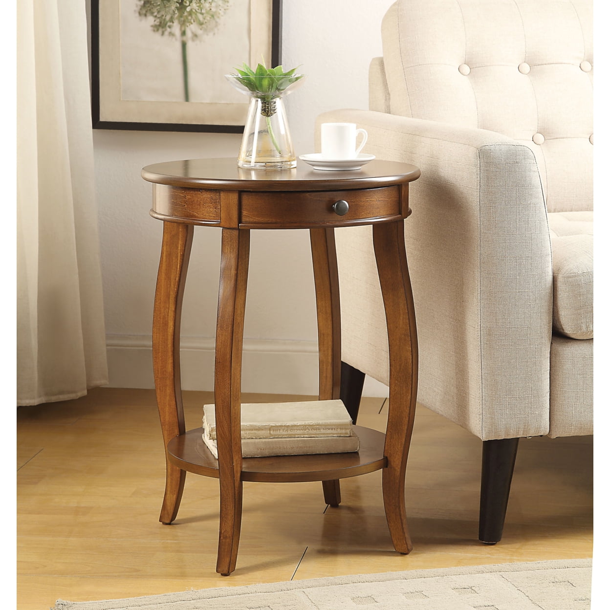 ACME Alysa Wooden Round End Table with Bottom Shelf in Walnut