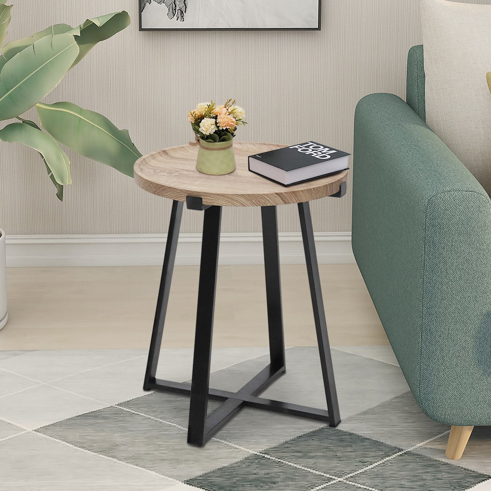 Abble Indoor Use White Oak Tray Top End Table with Matte Black Metal Cross Legs