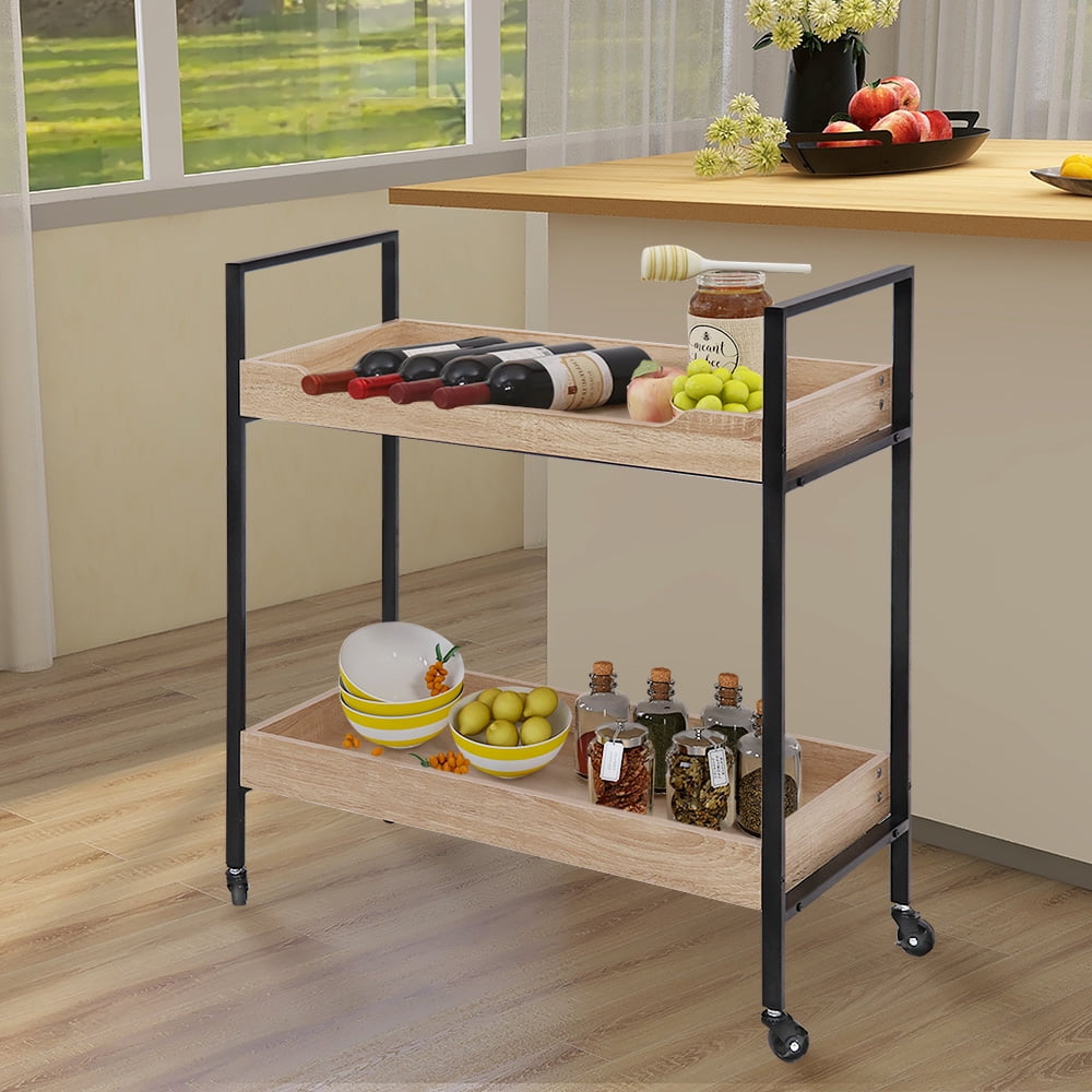 Abble White Oak Manufactured Wood Kitchen Serving Bar Cart with Caster Wheels