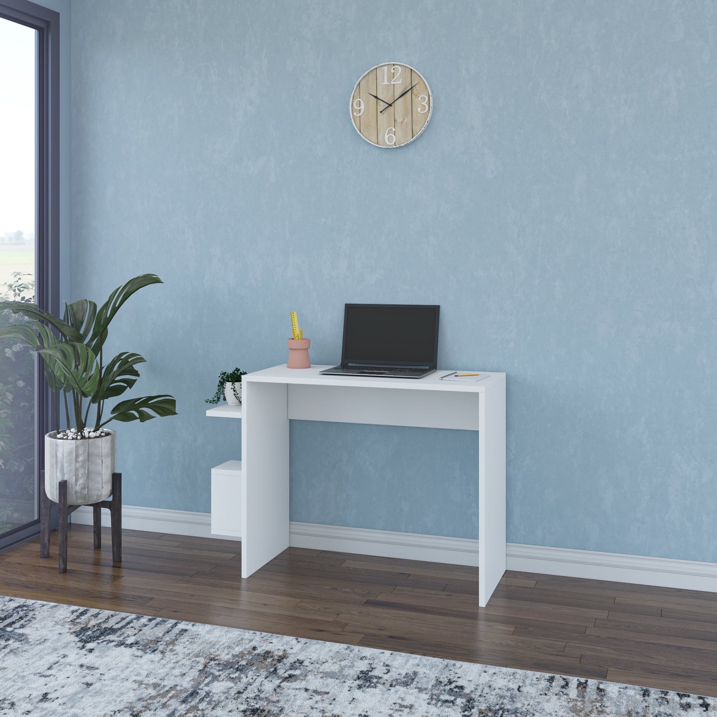 Ada Home Decor Minimalist Home Office Desk Workstation with 2 Shelves 1-Cube Bookcase, White