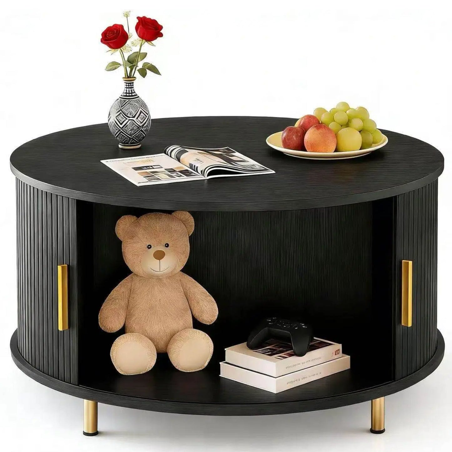 Aisword Round Coffee Table with 360° Sliding Door, Fluted Accent Coffee Table with Storage Adjustable Footpads for Living Room, Yellow