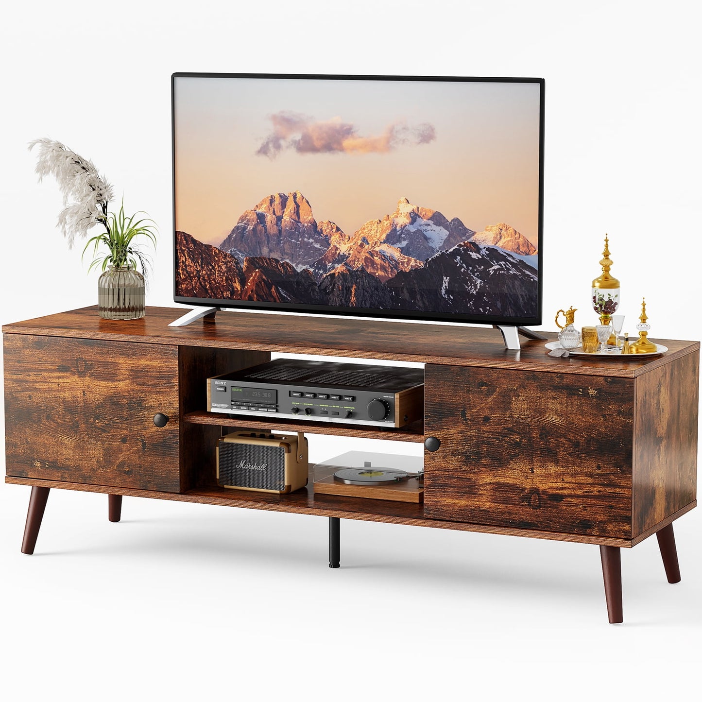 Alvantor Gabinete de Soporte para TV de 53.5" para TVs de 55-60 Pulgadas, Estantes Ajustables, Diseño Resistente, Negro/marrón