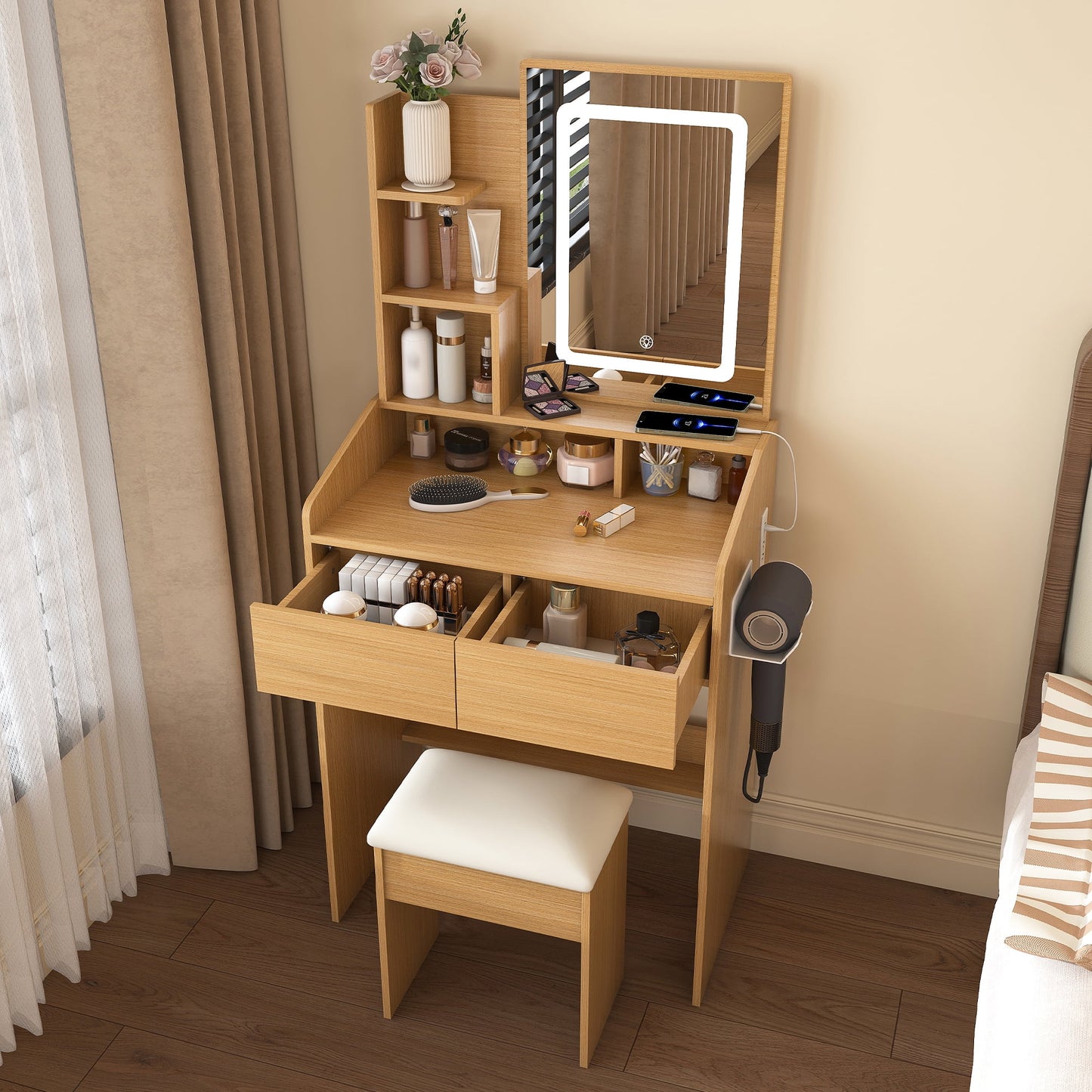 Alvantor Vanity Desk Set: Makeup Table with Mirror & Lights, Built-in Power Outlet & Hairdryer Holder