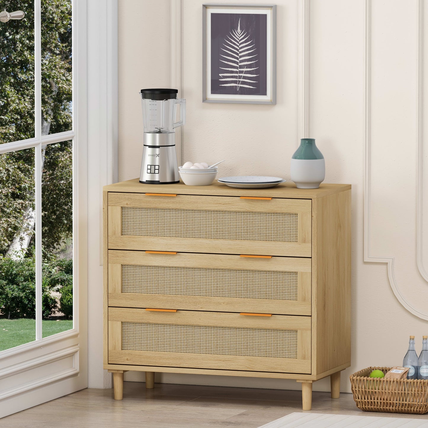 Aukfa 3 Drawer Dresser Nightstand with Rattan Storage Drawer for Bedroom Living Room, Oak