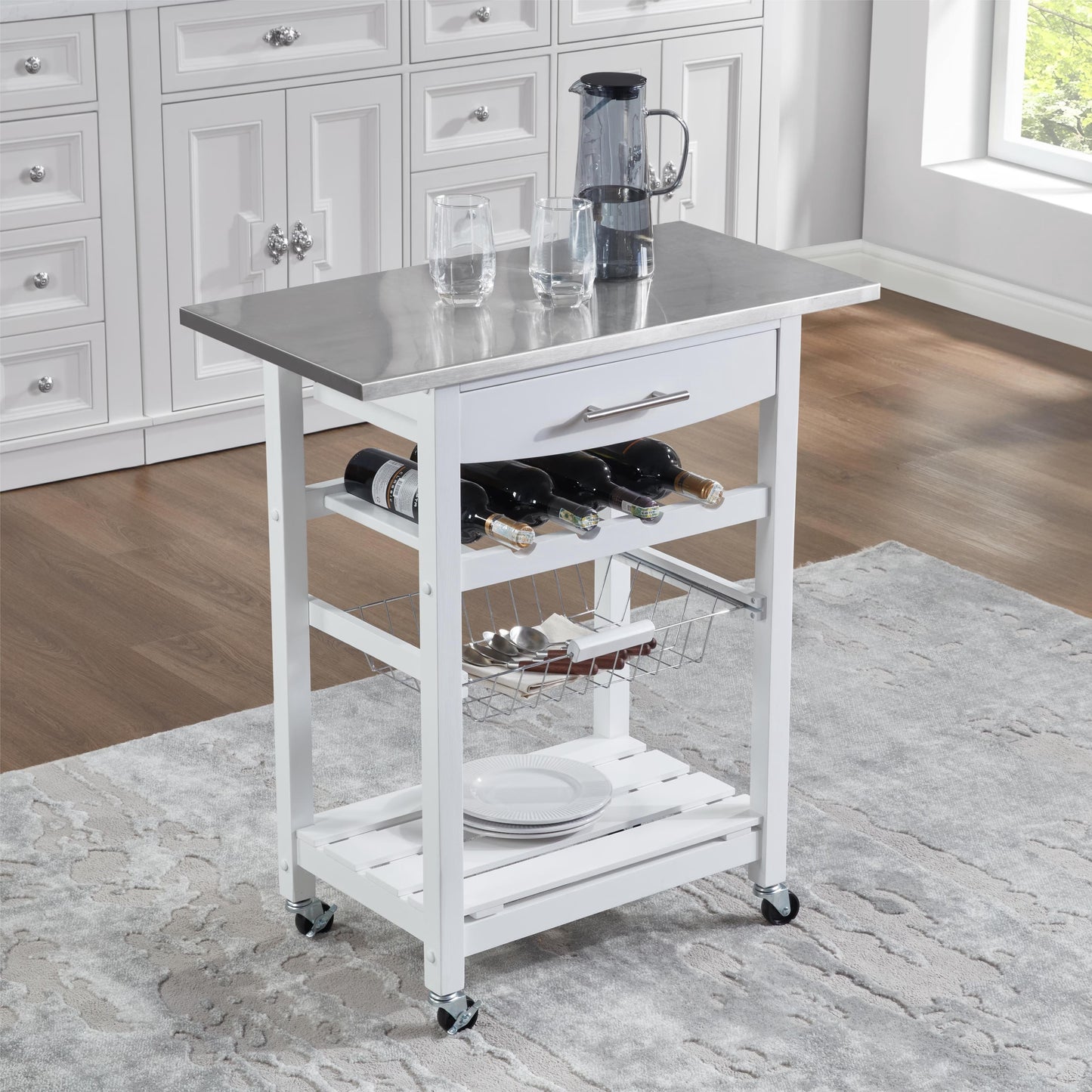 Avobird Kitchen Island Cart, Mobile Kitchen Cart with 30inch Stainless Steel Countertop/Underneath Drawer/Slide-Out Wire Storage Basket, White