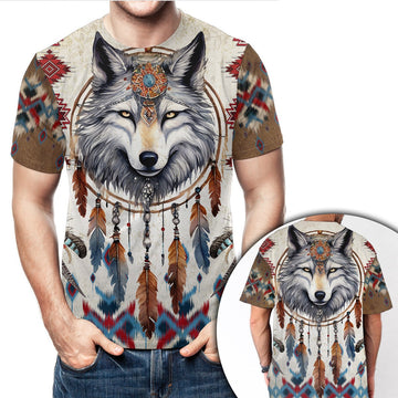 Beautiful Tribal Native American Wolf Dreamcatcher 3D All Over Print T-Shirt
