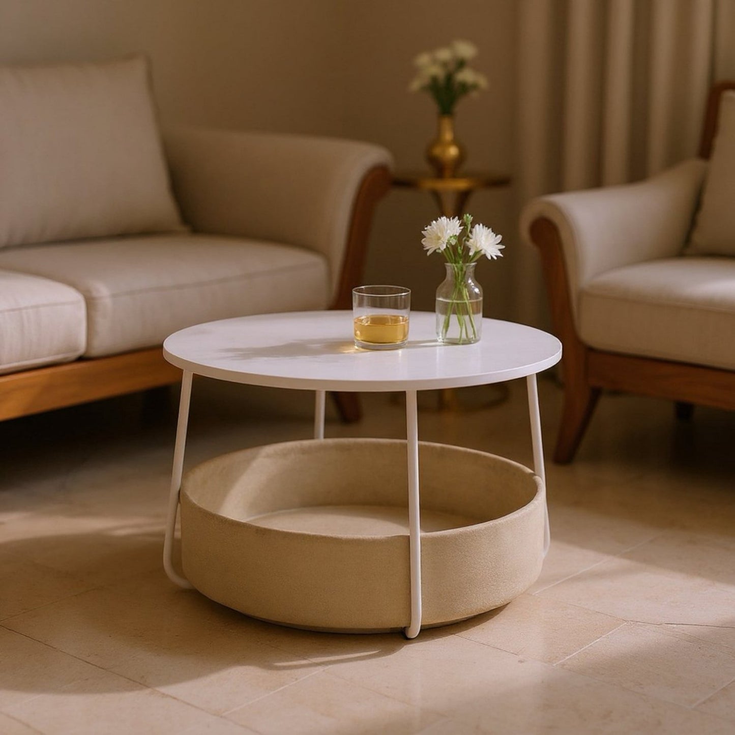 BSHTI 30" Round Coffee Table with Fabric Storage Basket – Space-Saving End Table for Living Room, Bedside Nightstand, Matte White & Beige