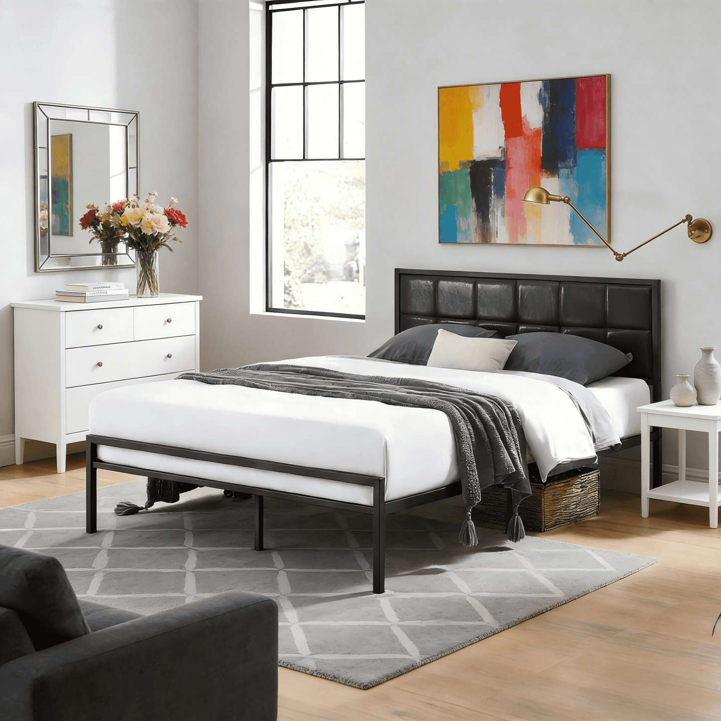 BSHTI Cama Moderna de Tamaño Full de Plataforma de Metal con Cabecera Tapizada y Soporte de Listones de Madera para Sala de Estar, No Se Necesita Box Spring