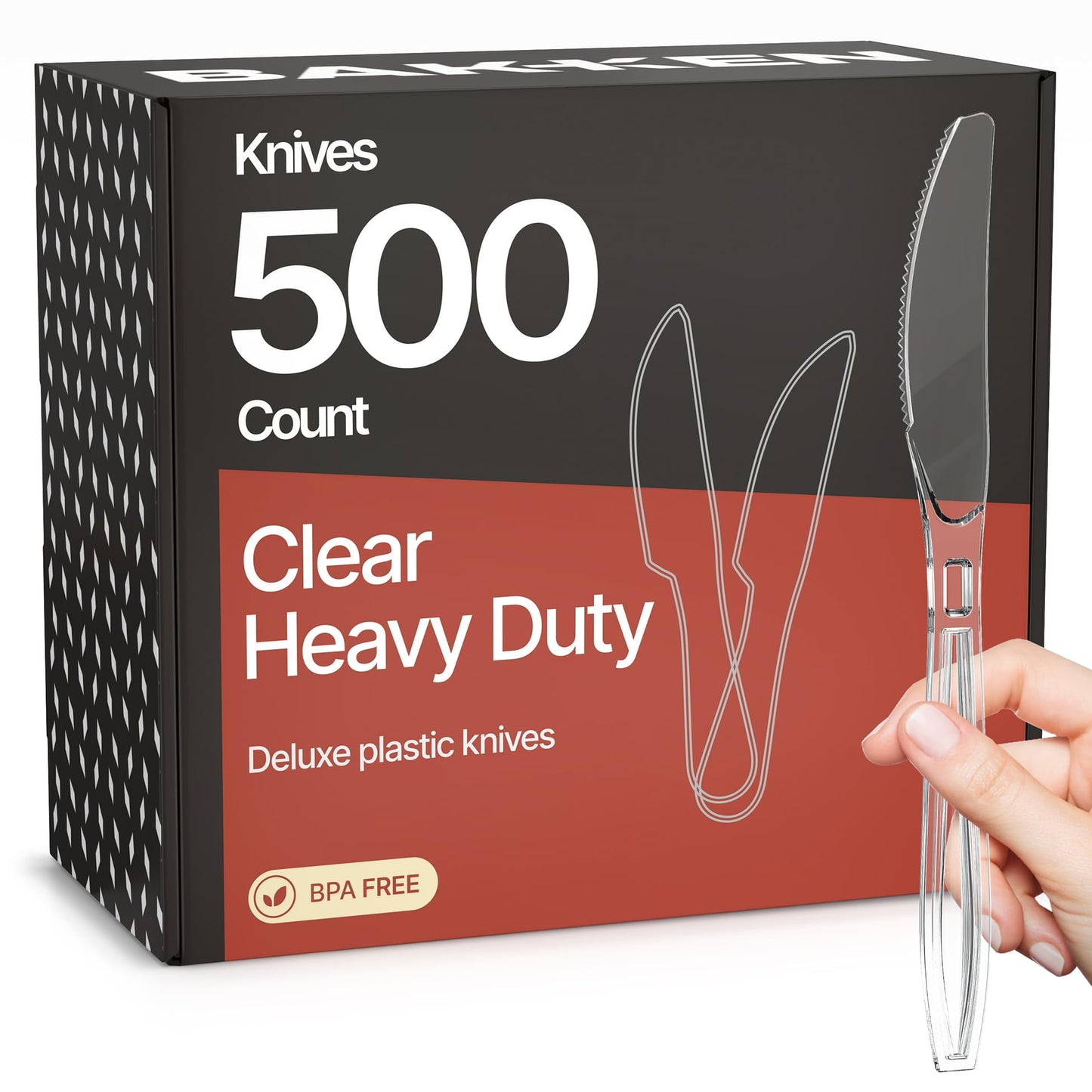 Bakken Disposable Cutlery Set 500 Pieces Knives, Heavy Duty Plastic Silverware, Heat-Resistant, Reusable Utensils for Parties, Catering, BBQs, Clear