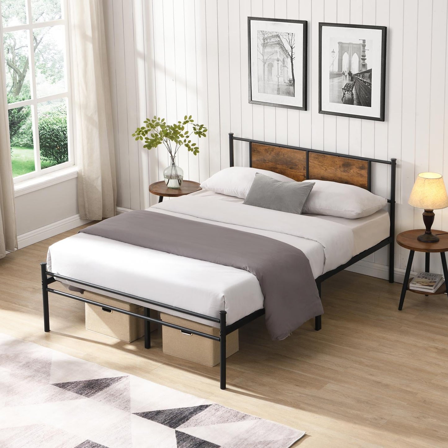 Bed Frame, Metal Bed Frame, King Size Bed Platform with Wood Panel Headboard, Sturdy Steel Slats, Under Bed Storage, Black+Brown, 82.7 Inch Length, No Box Spring Needed