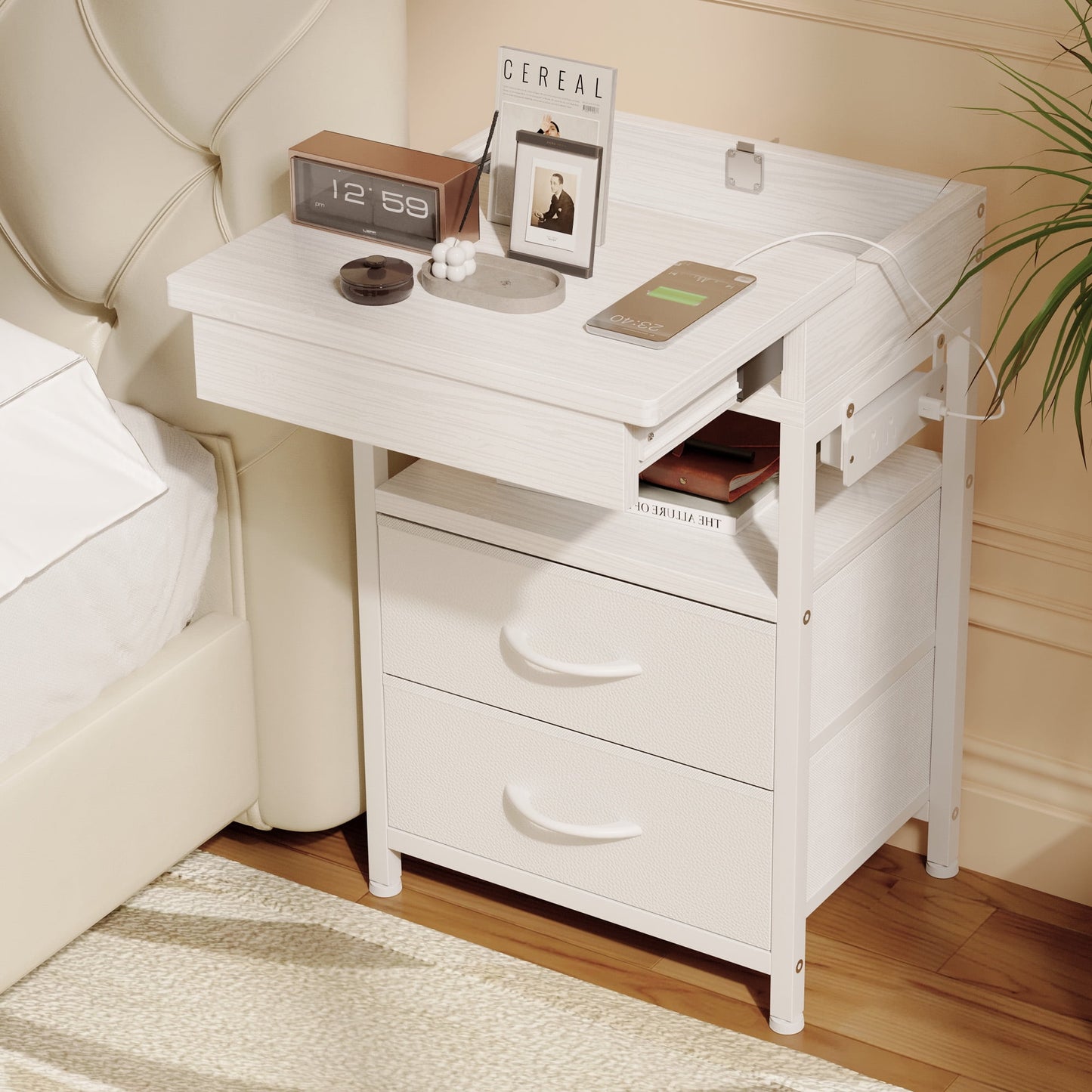 Bestco Nightstand with Sliding Top Modern End Table with Charging Station & 2 Drawers Black