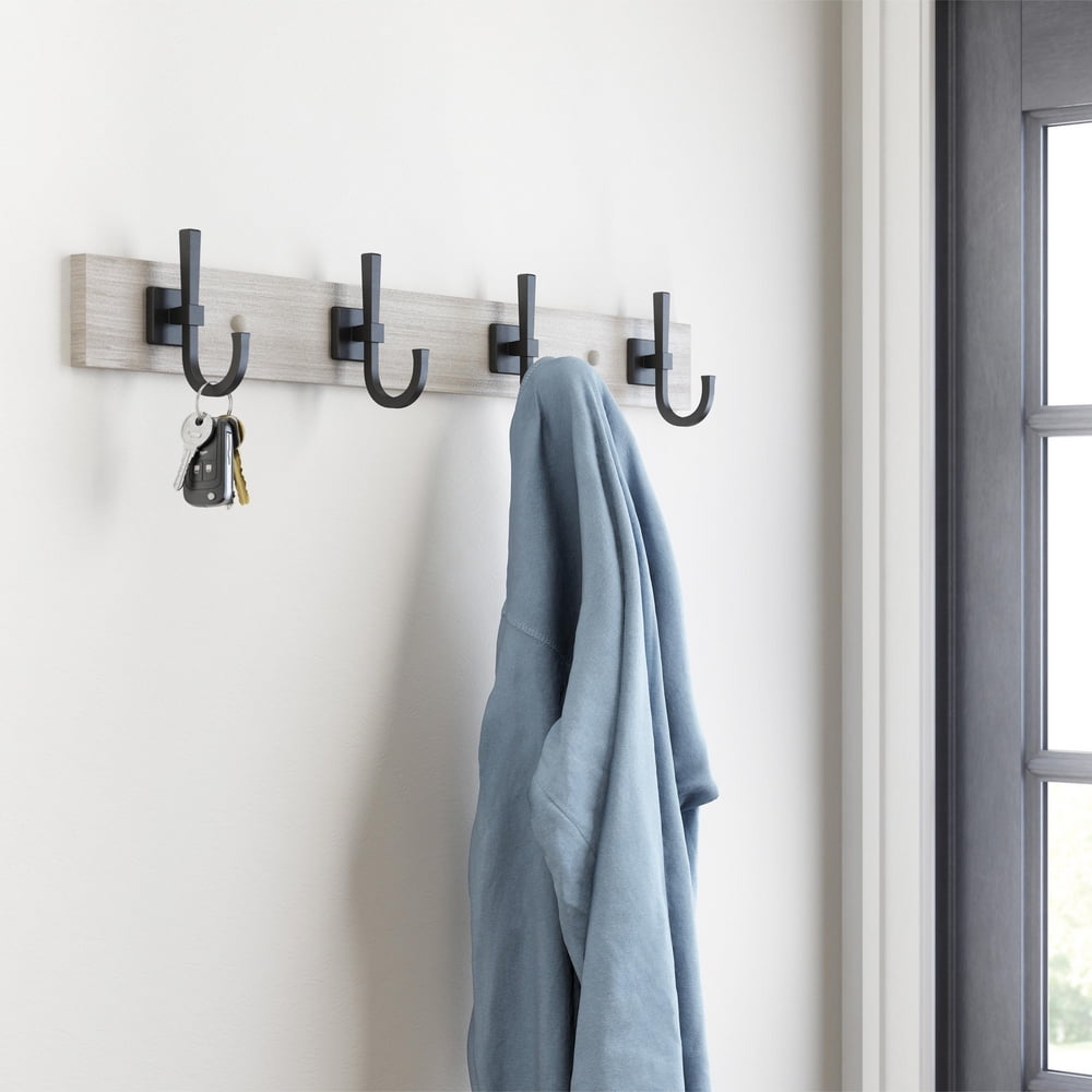 Better Homes & Gardens Miller Perchero de Pared de 27", 4 Ganchos, Gris Rústico y Negro Mate