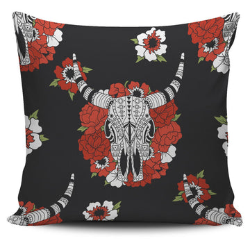 Bison And Red Flowers Native American Pillow Covers