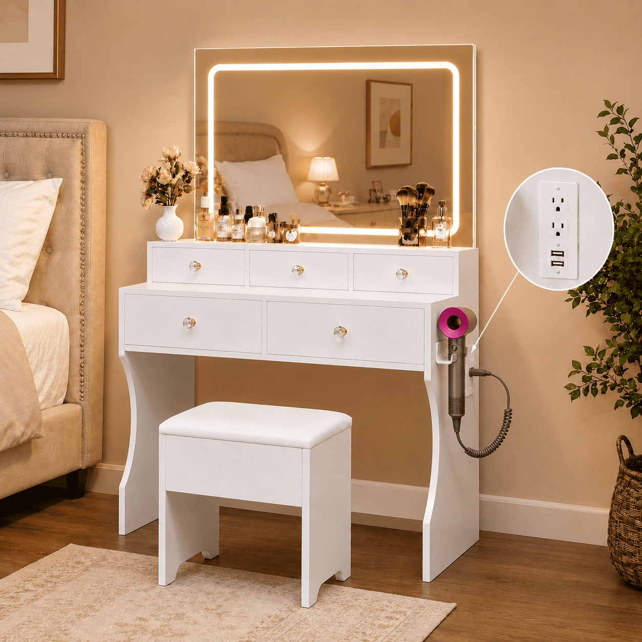 CLOUDREST PRO Black Vanity Desk Set with Mirror, Makeup Vanity with LED Lights & 3 Color Modes, Adjustable Brightness, Built-in Power Strip, 5 Drawers, Crystal Knobs, Dressing Table for Women Girls