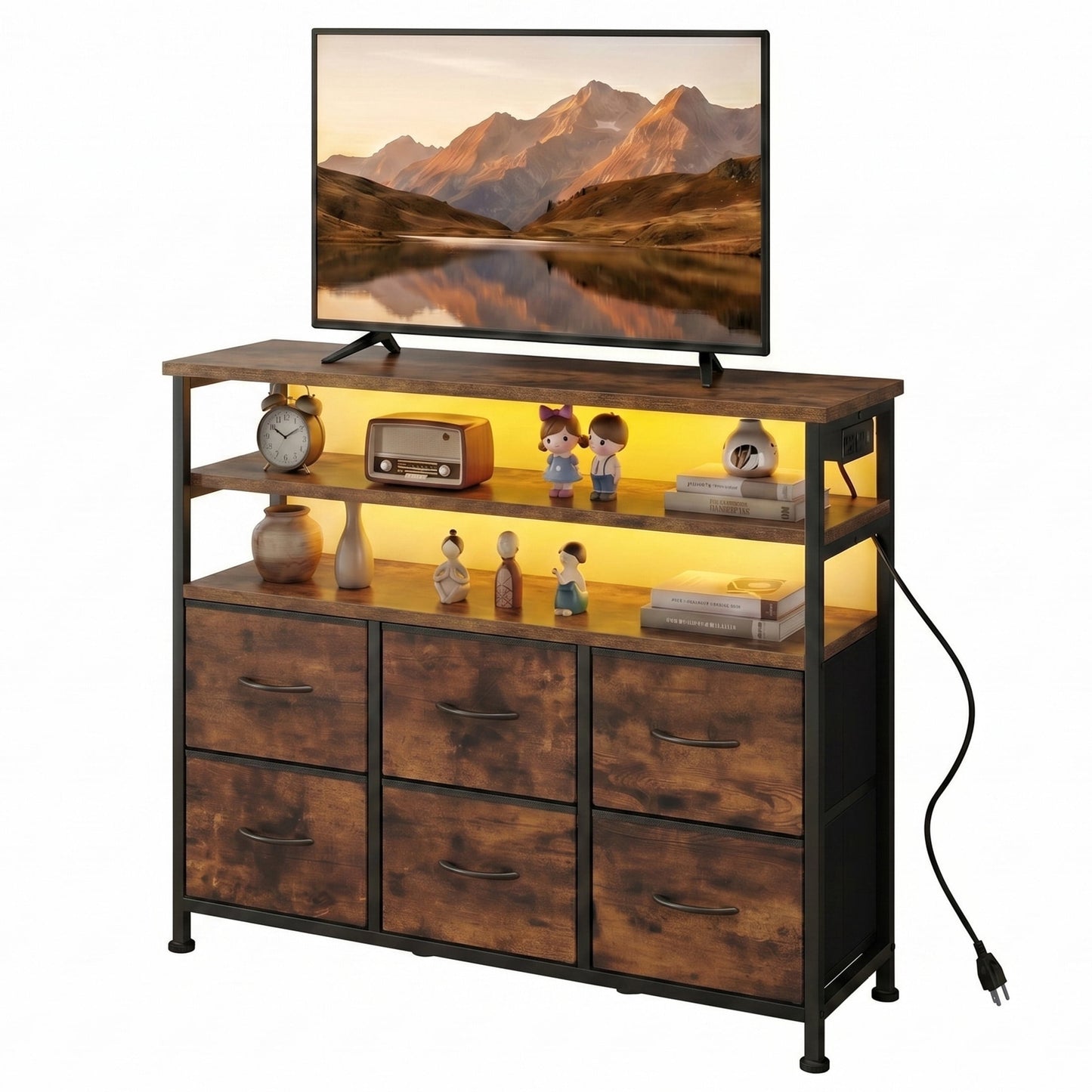CONCETTA TV Stand for 45 Inch TV, 6-Drawer Dresser with 3-Tier Open Shelves, LED Lights, Charging Station, Wood Top Entertainment Center for Bedroom, Living Room, Hallway, Rust