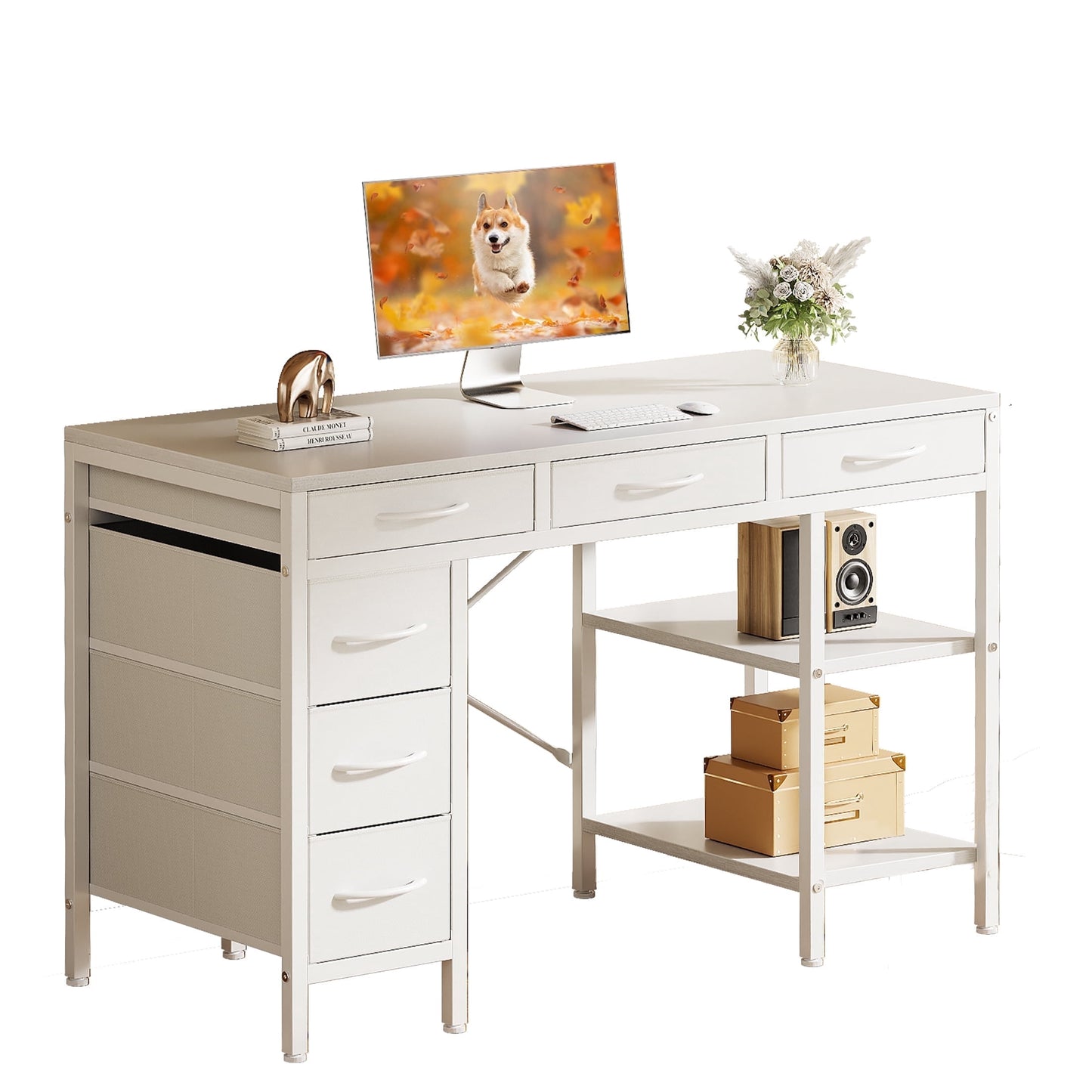 CONCETTA 47 inch Computer Desk with 6 Drawers & 2 Open Shelves, Modern Home Office Desk with Storage, Writing Study Desk for Bedroom, Workspace,White
