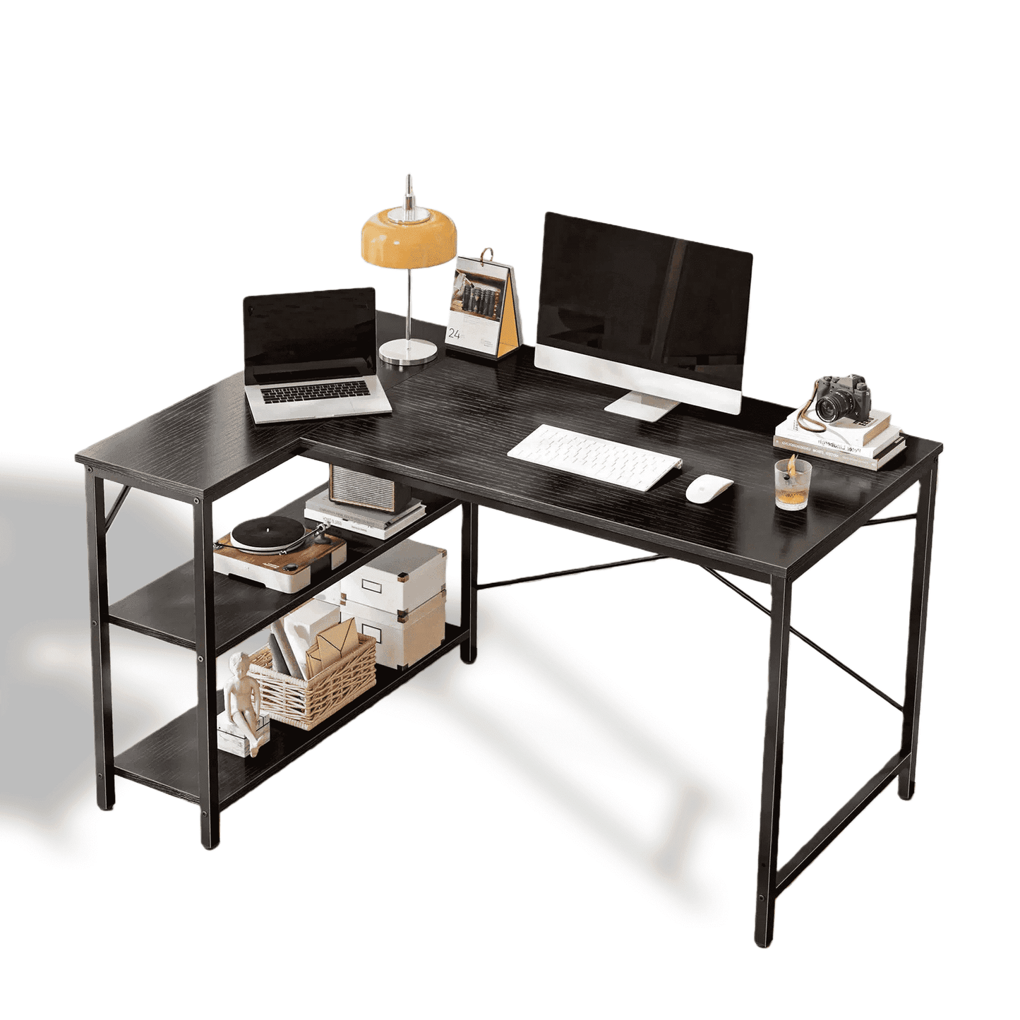 CONCETTA 47†L Shaped Computer Desk with Reversible Storage Shelves, Corner Gaming Desk with PC Stand, Home Office Writing Study Table, Brown