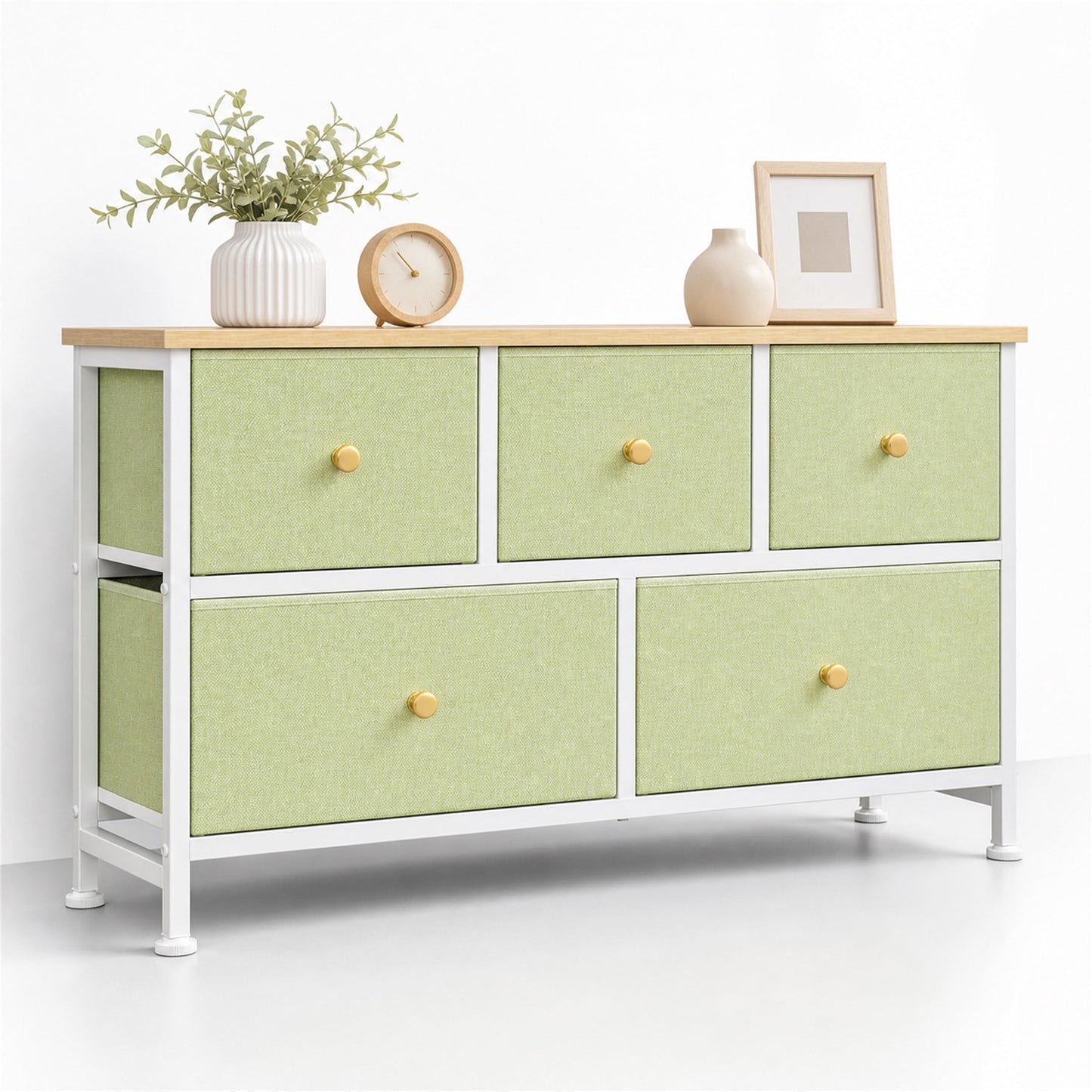 CONCETTA Tocador con 5 Cajones de Almacenamiento de Tela, Mueble para TV, Cómoda para Dormitorio, Clóset, Entrada, Sala de Estar, Verde Claro