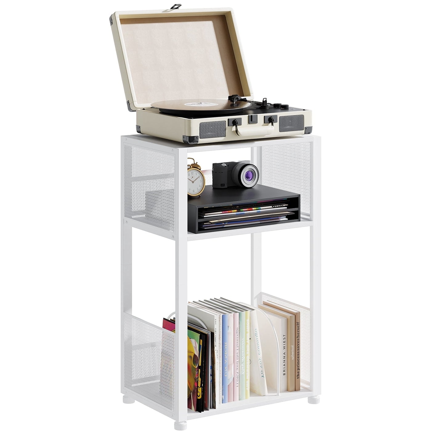 CONCETTA Soporte para Tocadiscos, Mesa Giratoria de 3 Niveles con Almacenamiento de Vinilo para hasta 100 Ãlbumes, Mesa Auxiliar para Sala de Estar Dormitorio
